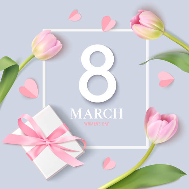 stockillustraties, clipart, cartoons en iconen met happy women's day. 8 maart ontwerpsjabloon. decoratief nummer met geschenkdoos en roze tulp bloemen geïsoleerd op blauwe achtergrond. - womens day poster