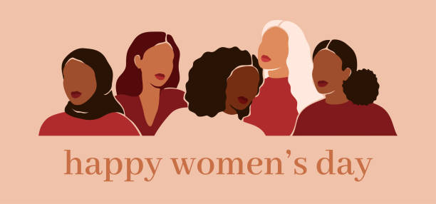 stockillustraties, clipart, cartoons en iconen met happy women's day card met vijf vrouwen van verschillende etniciteiten en culturen staan zij aan zij. - womens day