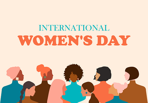 Happy Women's Day greeting card. Postcard template in pastel colors with women of different nationalities and religions. Modern vector graphics.
