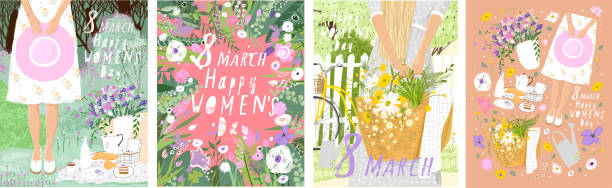 Happy Women's Day March 8! Cute spring vector illustration of a woman with a hat and a basket of flowers on nature on a picnic. Drawing for card, background and poster. Happy Women's Day March 8! Cute spring vector illustration of a woman with a hat and a basket of flowers on nature on a picnic. Drawing for card, background and poster. gardening backgrounds stock illustrations