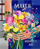 istock Happy Women's Day on March 8th. Abstract vector illustration of a flower bouquet in female hands. Gradient pattern of plants and leaves for poster, card or background. 1202709992