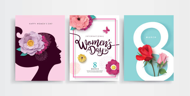 Happy Women's Day Set of International Women's Day poster design with women's side face silhouette and flowers mother borders stock illustrations