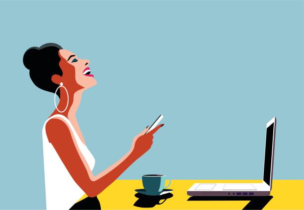Happy Young Beautiful Woman Using Smartphone and Laptop Happy Young Beautiful Woman Using Smartphone and Laptop, Indoors. Retro vintage illustration, pop art, vector illustration. woman using phone stock illustrations