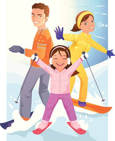 Happy Young Children Skiing and Snowboarding