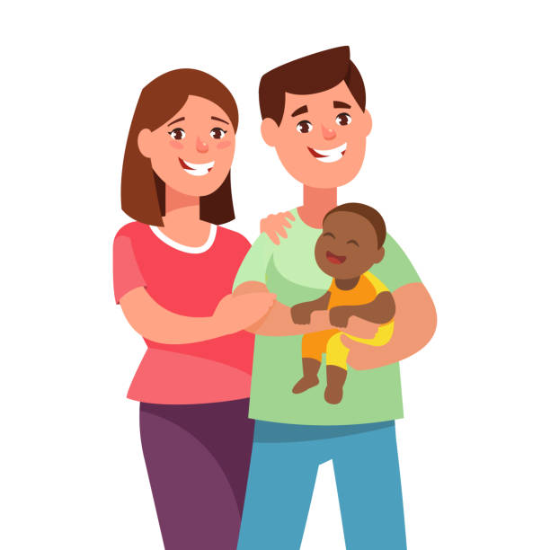 ilustrações de stock, clip art, desenhos animados e ícones de happy young couple with adopted child - foster kids