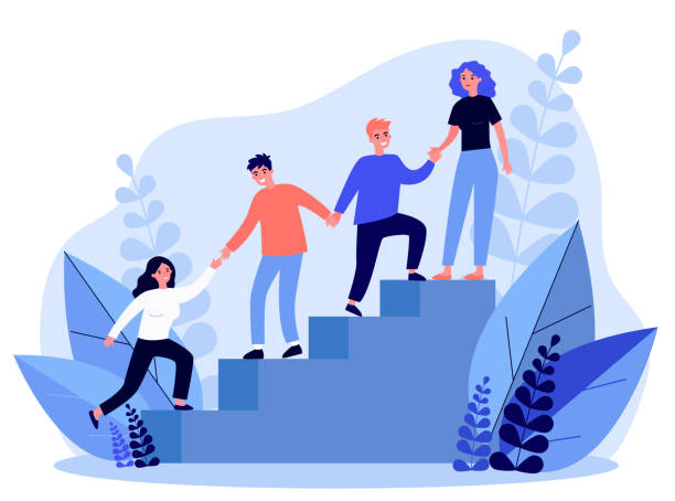 Happy young employees giving support and help each other Happy young employees giving support and help each other flat vector illustration. Business team working together for success and growing. Corporate relations and cooperation concept. teamwork stock illustrations