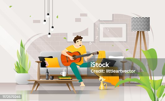 istock Happy young man playing guitar on sofa in living room, relaxing weekend at home ,vector , illustration 1172570265