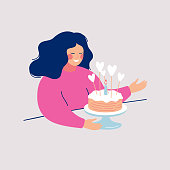 Happy young woman going to eat delicious pie decorated with icing, hearts and one burning candle. Flat cartoon vector illustration isolated on light background.