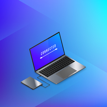 Hard Disk Drive connected to laptop isometric banner in blue colors. Technology background. Vector illustration