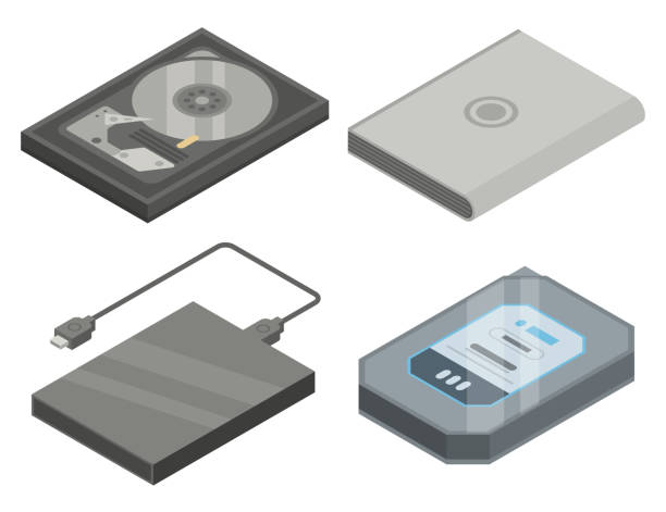 Hard disk icons set, isometric style Hard disk icons set. Isometric set of hard disk vector icons for web design isolated on white background hard drive stock illustrations