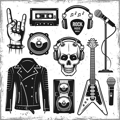 Hard rock and metal music attributes set of vector black objects, design elements in vintage style isolated on background with removable textures