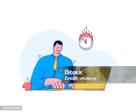 istock Hard working person on deadline pressure. Man trying to finish project on time. Burning deadline for Office worker, businessman or freelancer. Vector illustration concept 1428456986