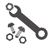 Set of tool, nut, wrench and screw, vector icon. Gray color on white background.