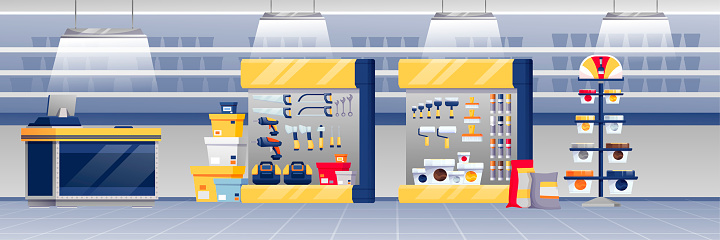 Hardware shop interior design background. Store with counter, stands with paint, toolkits, saws, hammers, screwdrivers vector illustration. Tools and materials assortment panorama