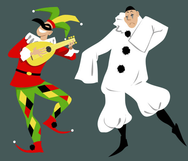 Harlequin and Pierrot Harlequin and Pierrot of Commedia dell'arte characters, EPS 8 vector illustration harlequin stock illustrations