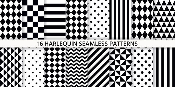 Harlequin seamless pattern. Vector illustration. Black white background with rhombuses. Harlequin seamless pattern. Vector. Black white background with rhombuses, triangles, stripes, dots and plaid. Circus grid tile texture. Geometric monochrome illustration. Set diamond prints. harlequin stock illustrations