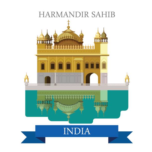 Harmandir Sahib sikhism temple in India. Flat cartoon style historic...