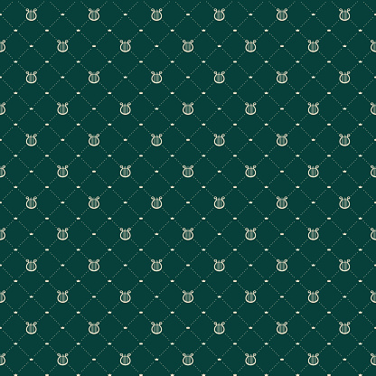 Harp royal classic musical vector seamless pattern on dark green luxury background. Retro traditional textile fashion backdrop