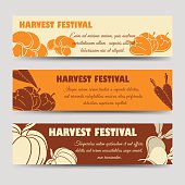 Harvest festival horizontal banners template with pumpkin mushrooms peppers. Vector illustration
