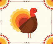 A vintage-styled turkey displaying his colorful feathers on an Autumn-inspired background