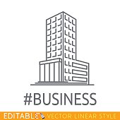 Hashtag Business building of big company. Sketch line flat design icon commerce architecture. Modern vector illustration concept.