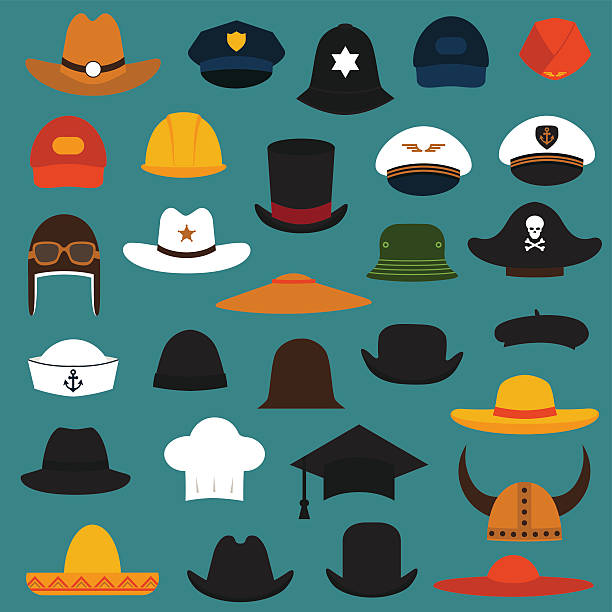 hat and cap vector set hat and cap illustration, fashion set isolated icons  police hat stock illustrations
