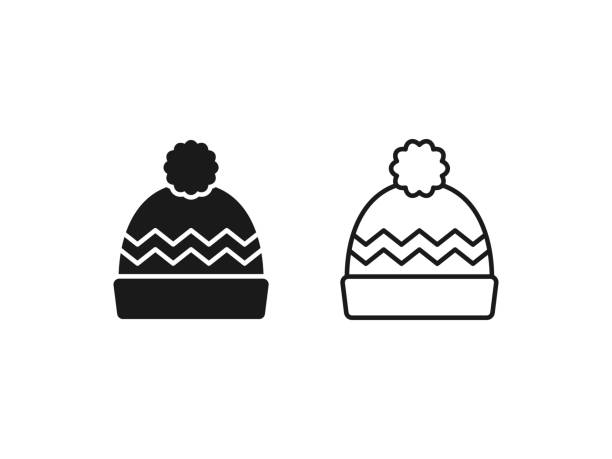 Hat icon. Vector illustration. Linear, outline, flat design. Winter hat icon. Vector in simple flat design, outline. Knit wool beanie with pompom isolated on white background. Illustration for graphic, web, logo, app, UI. Outerwear symbol. knit hat stock illustrations