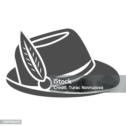 istock Hat with feather solid icon, Oktoberfest concept, Oktoberfest hat sign on white background, german hunting cap with feather and rope icon in glyph style for mobile and web. Vector graphics. 1280986129