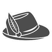 istock Hat with feather solid icon, Oktoberfest concept, Oktoberfest hat sign on white background, german hunting cap with feather and rope icon in glyph style for mobile and web. Vector graphics. 1280986129