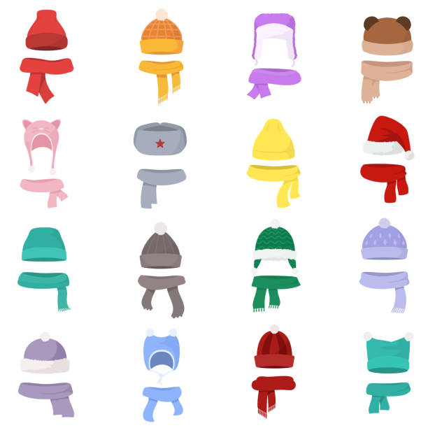 Hats and scarves of various shapes set. Winter clothes. Set hat and scarf in one style. Hats and scarves of various shapes set. Winter clothes. Set hat and scarf in one style. isolated vector illustration knit hat stock illustrations