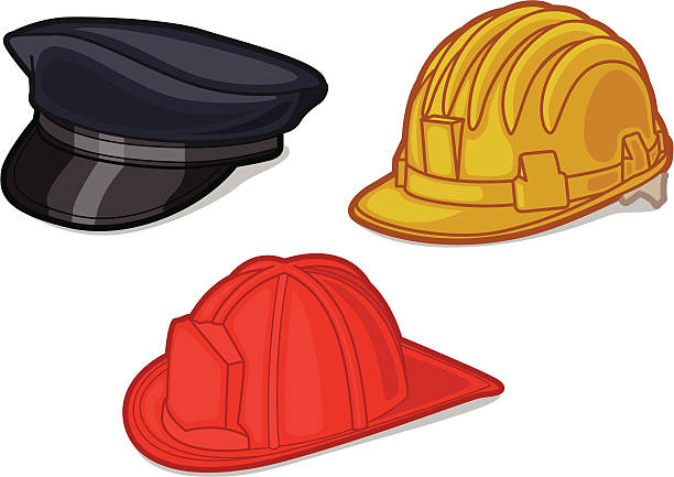 Hats Illustrated are a policeman's hat, a hard hat and a fireman's hat.  These are part of a series on hats. police hat stock illustrations