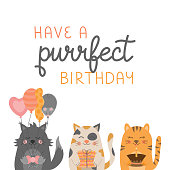 Have a purrfect birthday, funny cat vector illustration. Hand drawn and handwritten greeting card with cute kittens holding balloons, gift and cake. Isolated.
