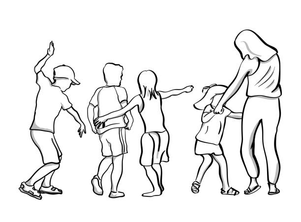 Having Fun Together Group of kids dancing with one of the moms dancing drawings stock illustrations