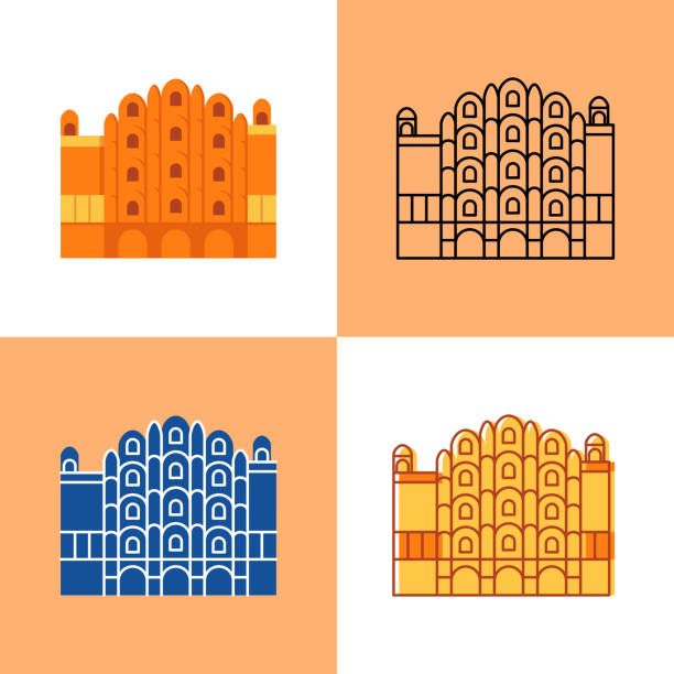 Hawa Mahal icon set in flat and line styles Hawa Mahal icon set in flat and line styles. Indian famous Jaipur temple symbol. Vector illustration. hawa mahal stock illustrations