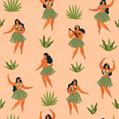 Hawaii dance seamless pattern. Girls playing ukulele and dancing Hula. Summer travel Hawaiian print with cute cartoon characters.