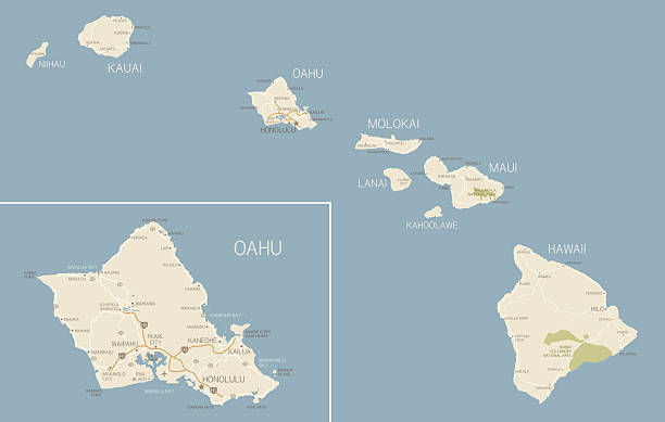 Hawaii Map A map of Hawaii with cities, highways, and national parks with a detailed map of Oahu. Includes a vector map and JPG of just the islands (no inset of Oahu) as well as just Oahu. pearl harbor stock illustrations
