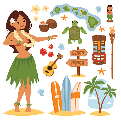 Vector vintage set of hawaiian icons and symbols. Hawaii beautiful girl coconut cocktail sandy beach. Hawaii palm tree beach symbols. Vintage fun pacific hawaiian flower, beautiful turquoise.