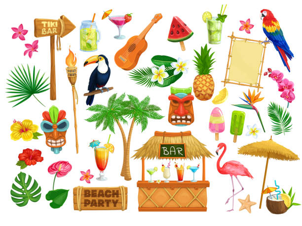 hawaiian beach party icons Vector hawaiian beach party icons. Tiki tribal mask, wooden signboard, tropical birds, cocktails, watermelon, torch, leaves and flowers. Guitar, fruit ice and pineapple for design luau holiday. hawaiian culture stock illustrations