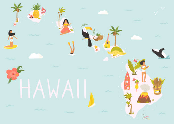 Hawaiian map with icons, characters and symbols. Hawaii illustrated map with animals, nature landmarks, symbols. USA discovery. For books, tourist leaflets, guides, travel posters. different prints big island hawaii islands stock illustrations