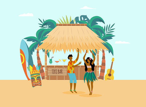 Hawaiian ocean coast with characters and beach bar, flat vector illustration.