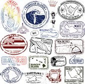 Series of stylized retro/vintage passport style stamps of a Hawaiian Theme. Stamps of each Hawaiian Island.
