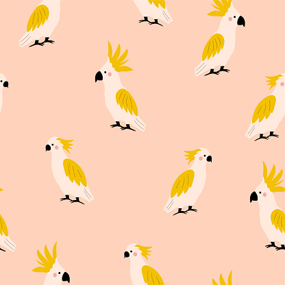 Hawaiian trendy seamless pattern with cockatoo. Background with birds of paradise. Hand drawn vector illustration. Summer design for fabric, wallpaper, wrapping paper, backgrounds and decor.