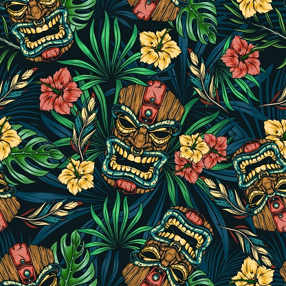 Hawaiian tropical colorful seamless pattern with tribal tiki mask hibiscus flowers monstera and palm leaves vector illustration
