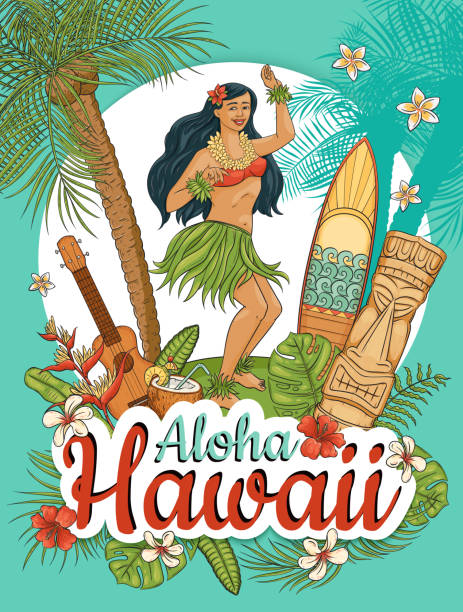 Hawaiian woman stand dancing hula surrounded by palms and flowers cartoon style Hawaiian woman stand dancing hula surrounded by palms and flowers cartoon style, vector illustration. Aloha Hawaii summer poster design, girl and guitar and surfboard and totem and tropical plants carving craft product stock illustrations