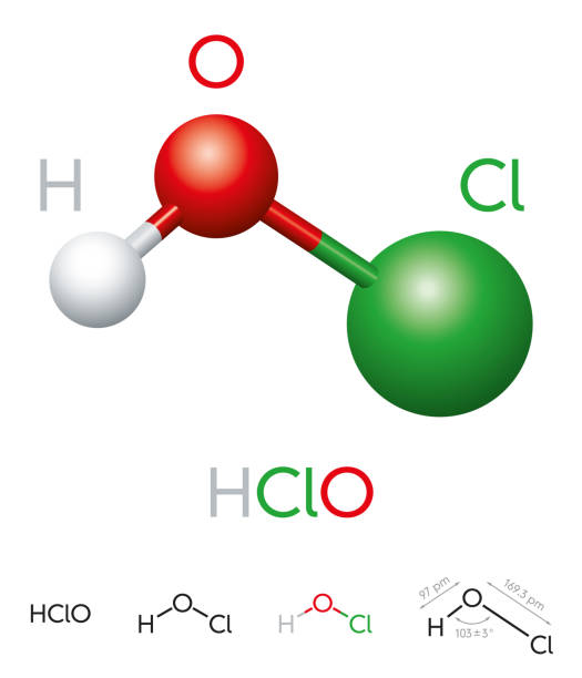 HClO Hypochlorous acid molecule model and chemical formula HClO. Hypochlorous acid. Molecule model, chemical formula, ball-and-stick model, geometric structure and structural formula. Weak acid and disinfection agent. Illustration on white background. Vector. acid stock illustrations