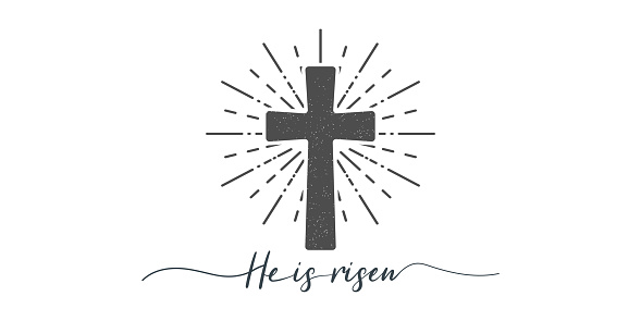 He is risen. Cross with religion text. Lettering style. Christian typography poster. Easter poster. Easter lettering. Vector