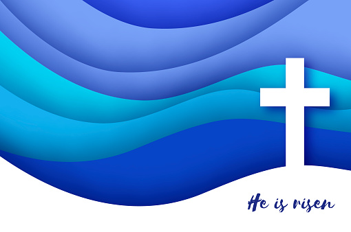 He Is Risen. Easter Banner. Christian cross in paper cut style on blue background.
