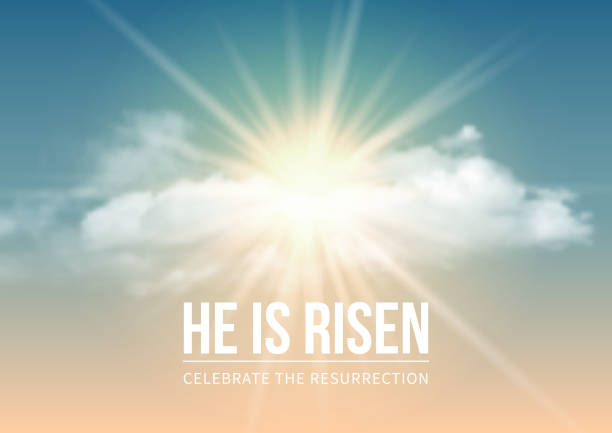 He is risen Christian religious design for Easter celebration, text He is risen, shining Cross and heaven with white clouds. Vector illustration. church stock illustrations