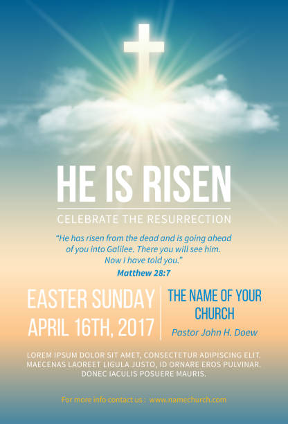 He is risen Christian religious design for Easter celebration. Church poster, flyer and other. Text He is risen, shining Cross and heaven with white clouds. Vector illustration. gospel stock illustrations
