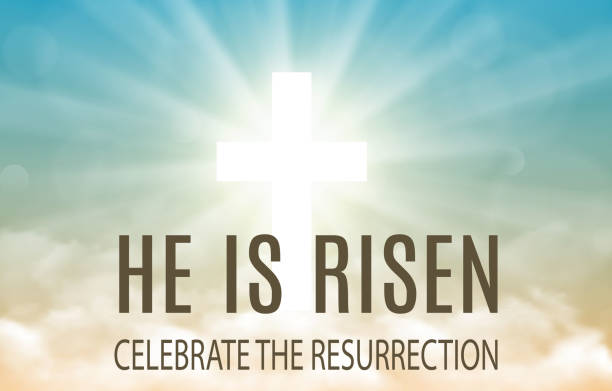 He is risen. He is risen. Easter banner background with clouds and sun rise. Vector illustration gospel stock illustrations